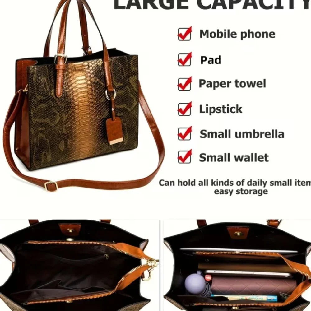 NWOT 3-Piece Croc-Embossed Handbag Set Faux Leather Tote, Crossbody & Wallet - Picture 3 of 3